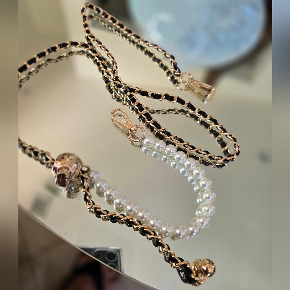 Adjustable ball Pearl/Leather Gold Chain Replacement, Gold/Black